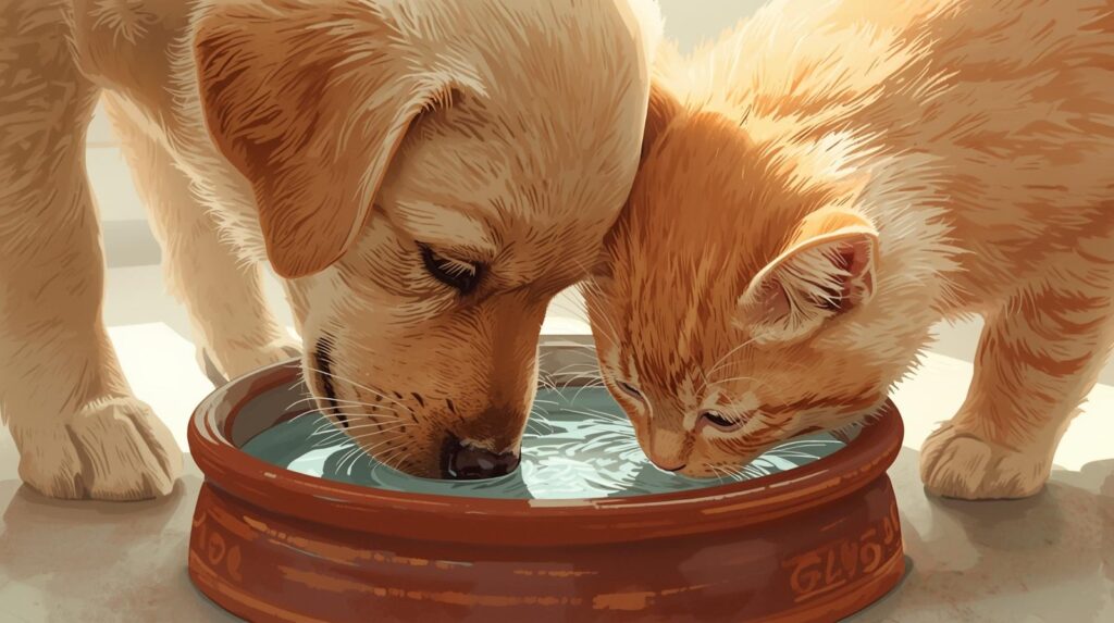 a cheerful cat and dog drinking water from a bowl