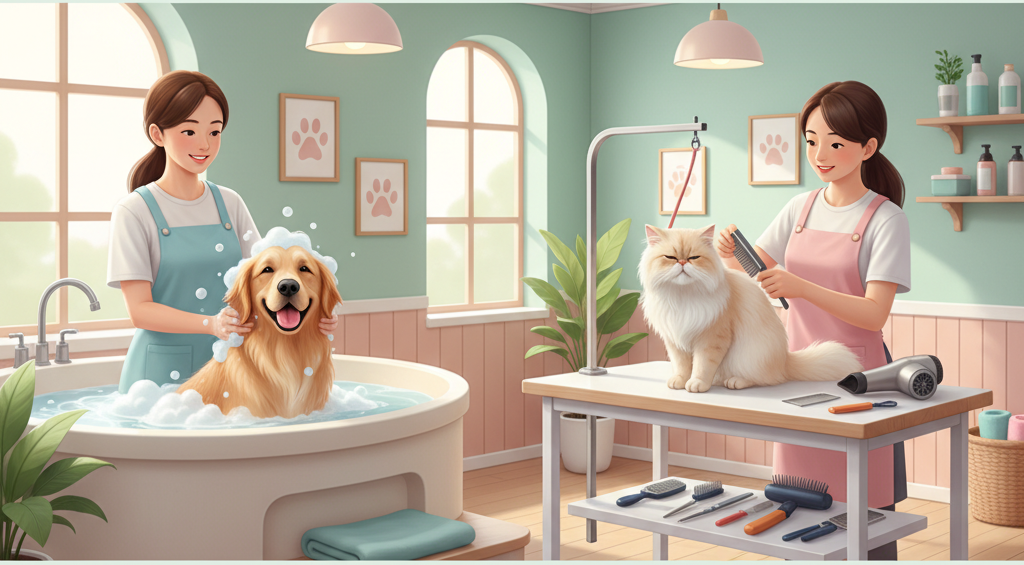 A bright, welcoming pet grooming salon scene featuring a happy dog and a fluffy cat being pampered. The dog is getting a gentle bath with bubbles, while the cat is on a grooming table with a stylist brushing its fur. Include grooming tools like scissors, combs, and a blow dryer placed neatly around. Add a soft, spa-like atmosphere with pastel colors and natural light. Style: modern, clean, professional, and friendly.